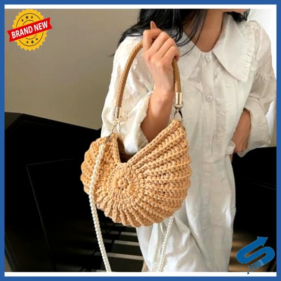 Handwoven Seashell Hobo Bag Crochet Beach Shoulder Crossbody Purse - Picture 3 of 7